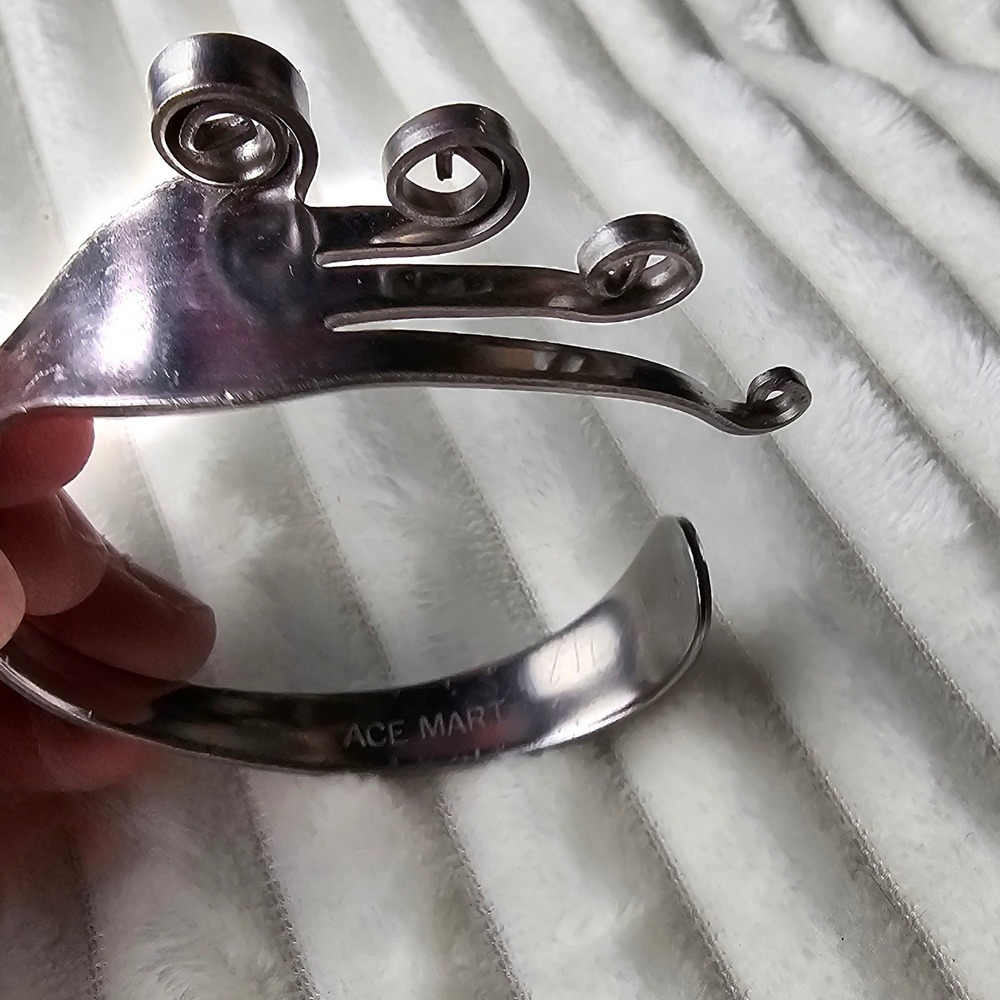Upcycled Ace Mart Fork Cuff Bracelet Curled Tines Silverware Folk Art Artisan